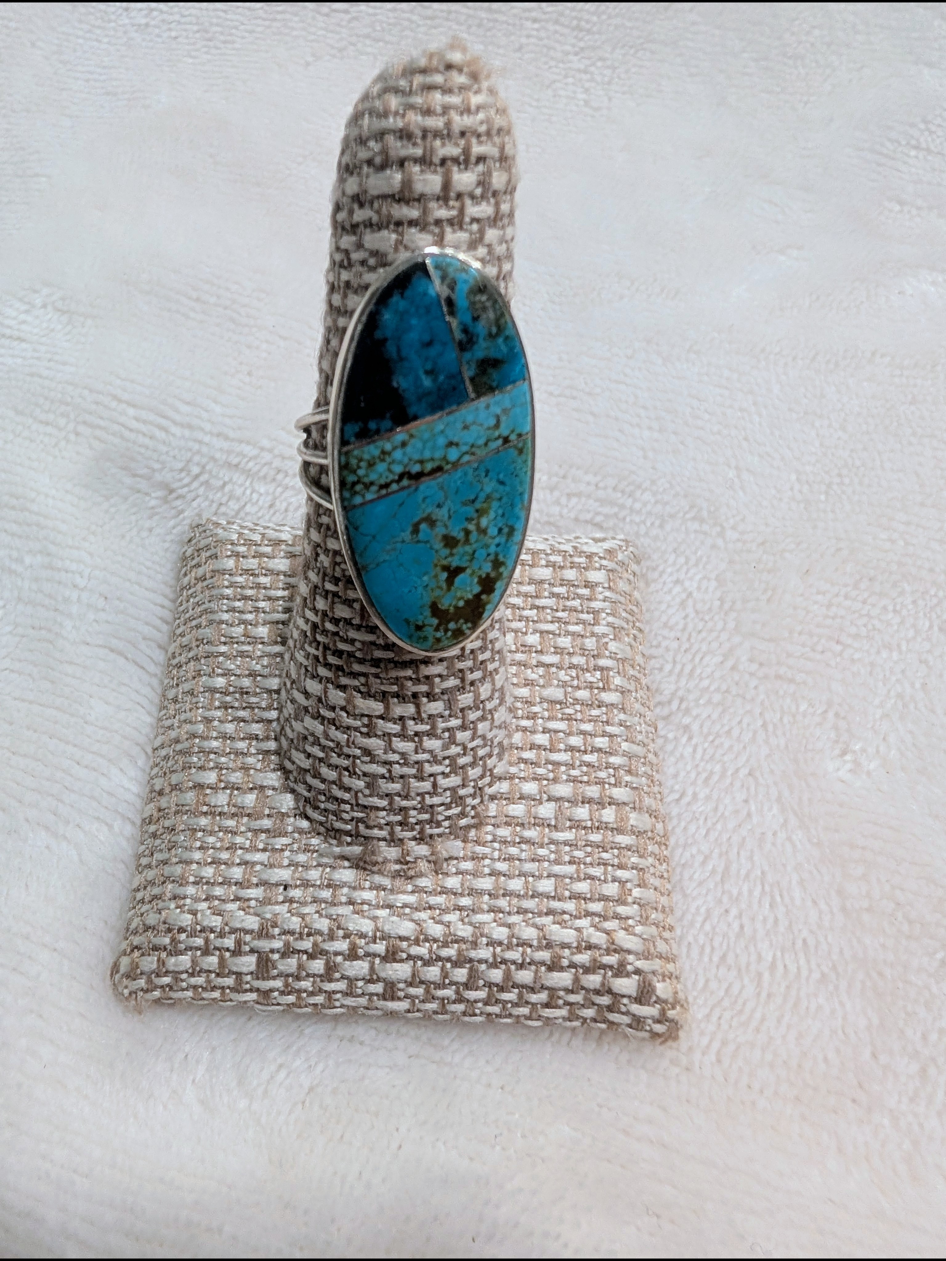 Sterling Silver Turquoise Inlay Oval Statement Ring - Blue